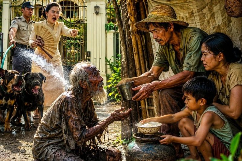 Seorang Kakek Gelandangan Meminta Seteguk Air di Sebuah Rumah Mewah, Tetapi Diusir Tanpa Belas Kasihan. Sebuah Gubuk Reyot Justru Membukakan Pintu untuknya… dan Sejak Hari Itu, Kehidupan Keluarga yang Menolongnya Berubah Selamanya.**